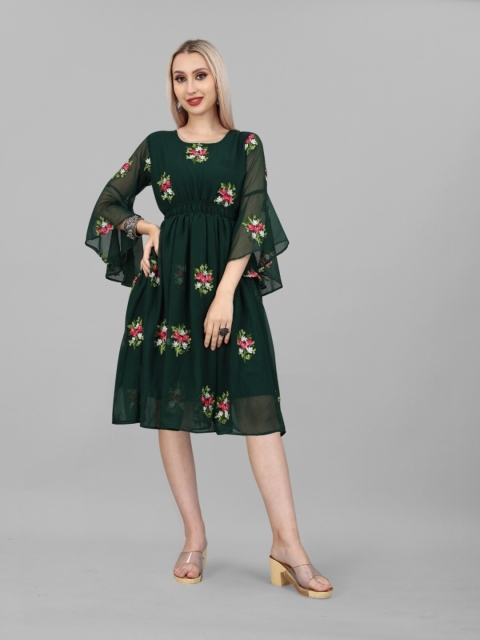 

APNISHA Green Floral Embroidered Georgette Midi Dress
