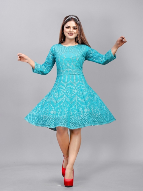 

APNISHA Teal Embroidered Georgette Dress