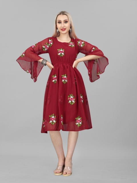 

APNISHA Red Floral Georgette Midi Dress