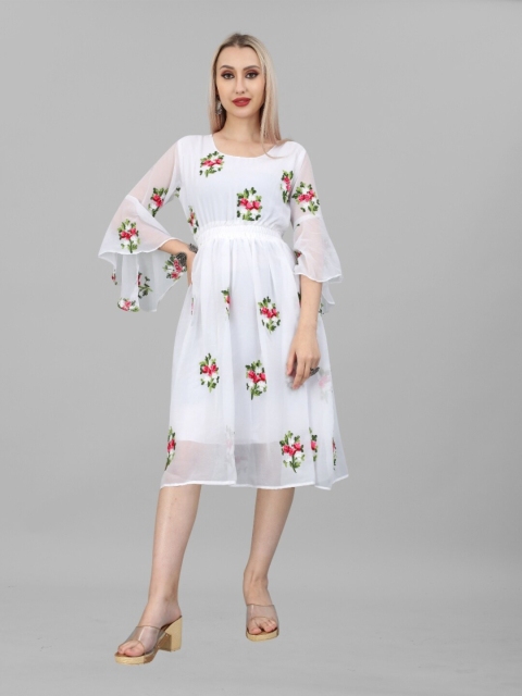 

APNISHA White Floral Embroidered Georgette Midi Dress