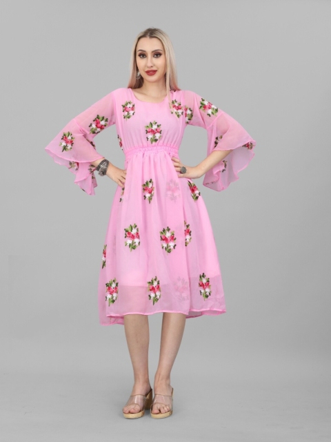 

APNISHA Women Pink Floral Embroidered Georgette Midi Dress