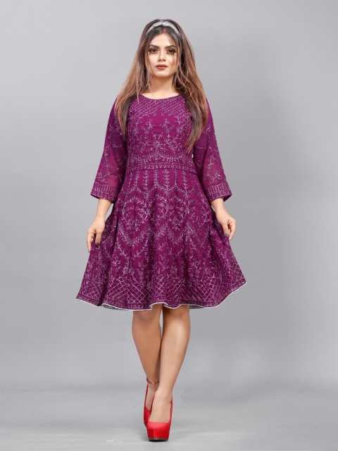 

APNISHA Women Purple Floral Embroidered Georgette Dress