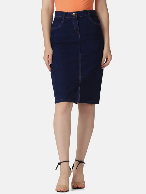 

BUY NEW TREND Women Blue Solid Denim Pencil Knee length Skirts
