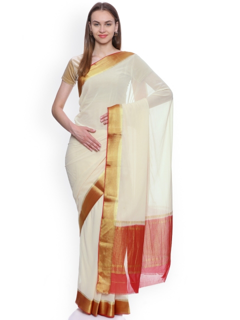 

MIMOSA Off-White Poly Chiffon Solid Banarasi Saree