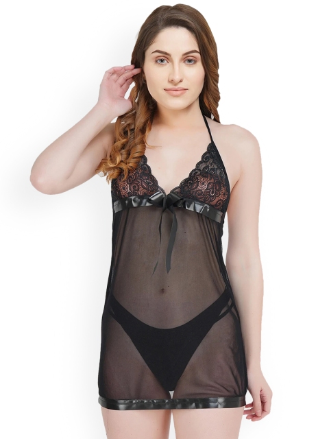 

COLOR STYLE Women Black Self Designed Halter Neck Baby Doll
