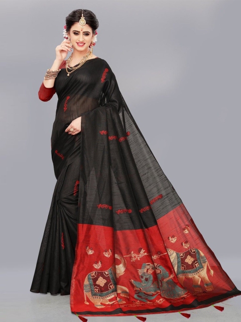 

FASHION YOU Black & Red Woven Design Silk Blend Saree