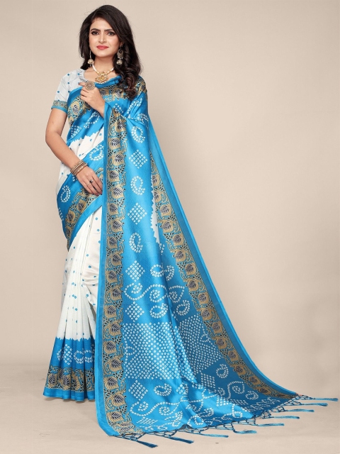 

FASHION YOU Blue & White Ethnic Motifs Bandhani Saree