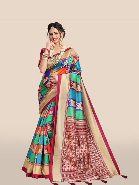 

FASHION YOU Maroon & Blue Ethnic Motifs Silk Blend Patola Saree