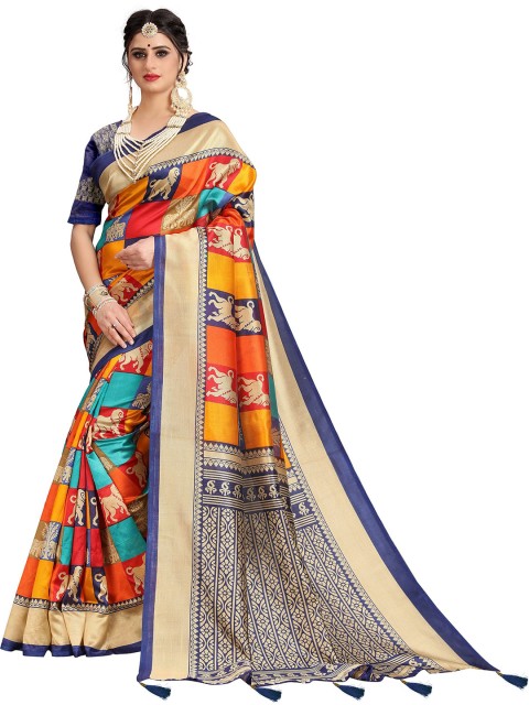 

FASHION YOU Blue & Orange Ethnic Motifs Silk Blend Patola Saree