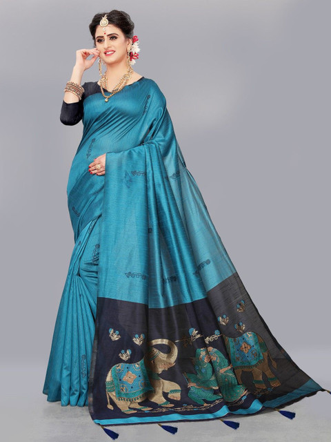 

FASHION YOU Blue & Black Woven Design Silk Blend Banarasi Saree
