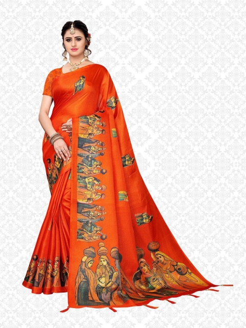 

FASHION YOU Orange & Blue Ethnic Motifs Pure Silk Saree