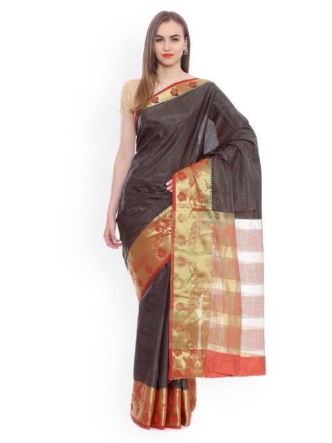 

MIMOSA Charcoal Grey Poly Crepe Solid Banarasi Saree
