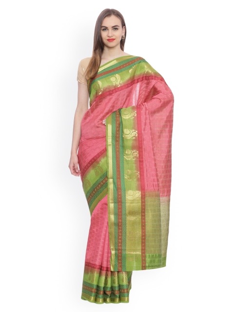 

MIMOSA Pink & Olive Green Art Silk Striped Kanjeevaram Saree