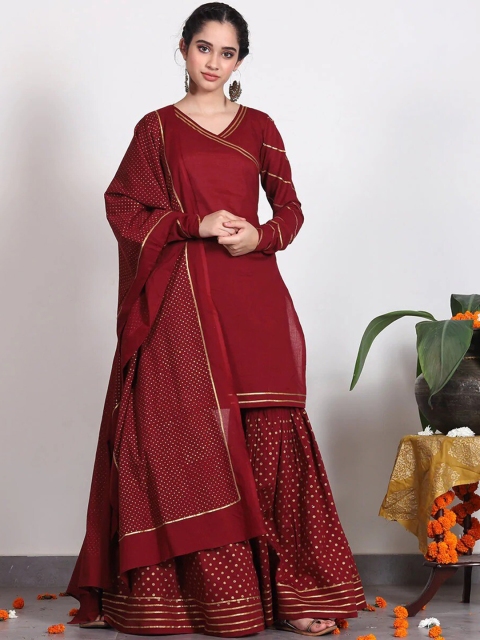 

Rustorange Women Maroon & Gold-Toned Printed Kurta With Sharara & Dupatta