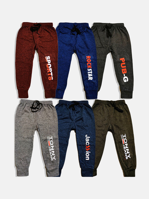 

KIFAYATI BAZAR Kids Pack Of 6 Printed Relaxed-Fit Cotton Joggers, Grey