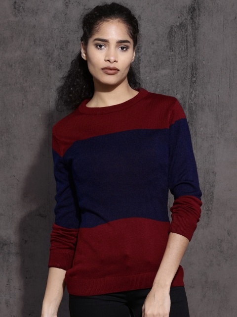 

Roadster Women Red & Navy Blue Solid Pullover
