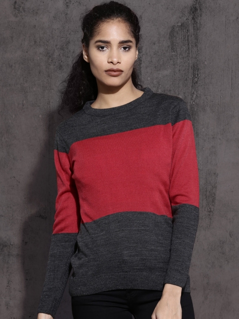 

Roadster Women Charcoal Grey & Red Colourblocked Pullover