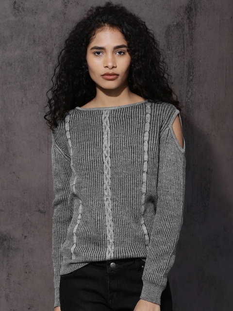 

Roadster Women Grey Self Design Pullover