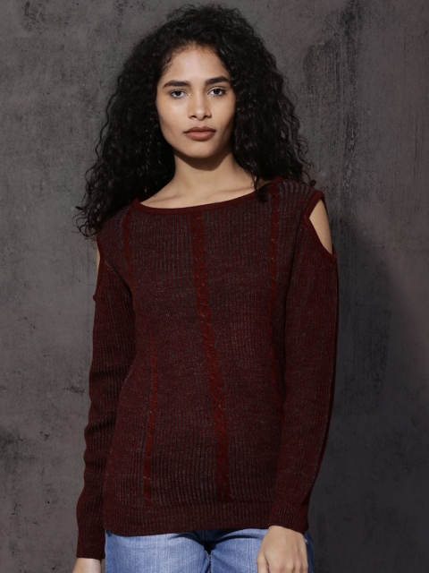 

Roadster Women Maroon Self Design Pullover