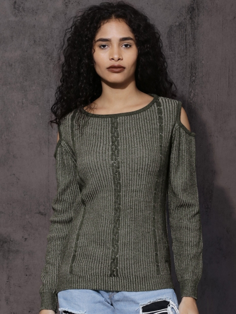 

Roadster Women Olive Green & Grey Self Design Pullover
