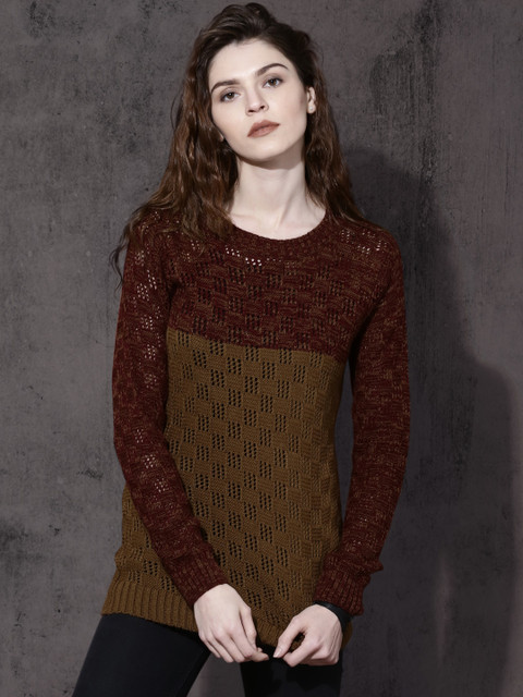 

Roadster Women Brown & Maroon Self Design Pullover