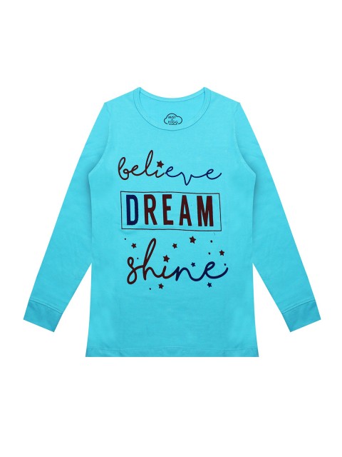 

MIST N FOGG Girls Turquoise Blue Typography Printed T-shirt