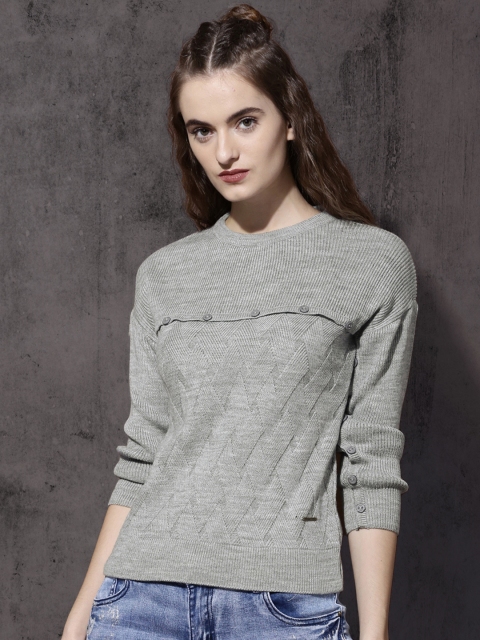 

Roadster Women Grey Self Design Pullover