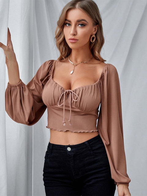 

MERCHE Brown Solid Pure Cotton Crop Top