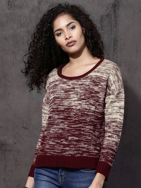 

Roadster Women Maroon & Off-White Self Design Sweater