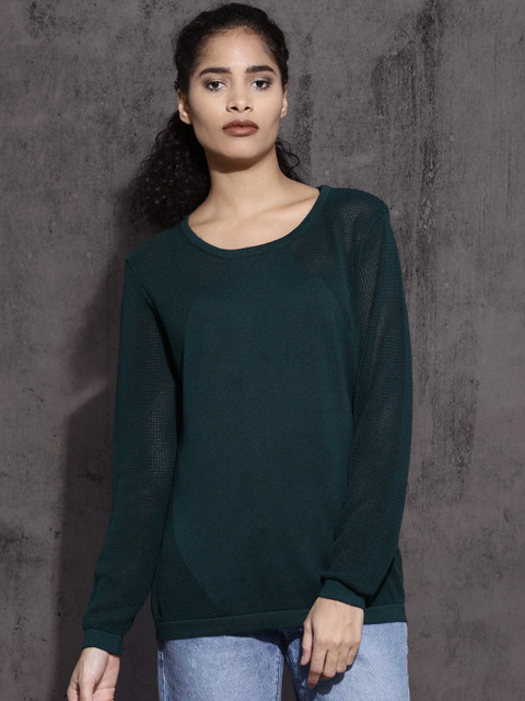 

Roadster Women Teal Self Design Pullover