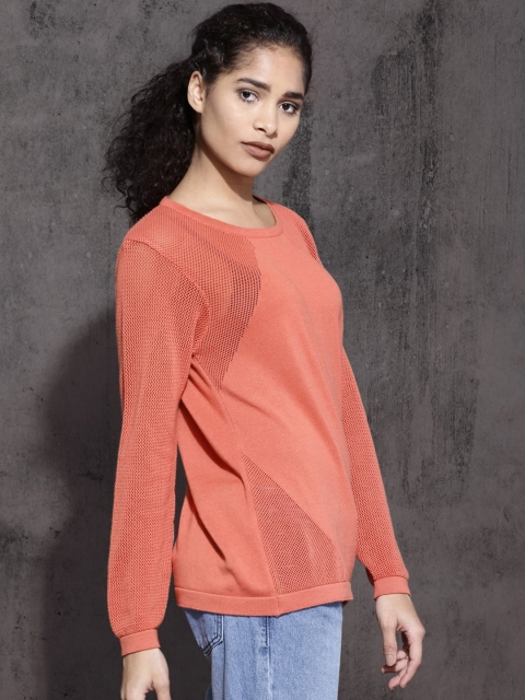 

Roadster Women Peach-Coloured Self Design Pullover