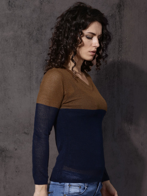 

Roadster Women Blue & Brown Colourblocked Sheer Pullover, Navy blue
