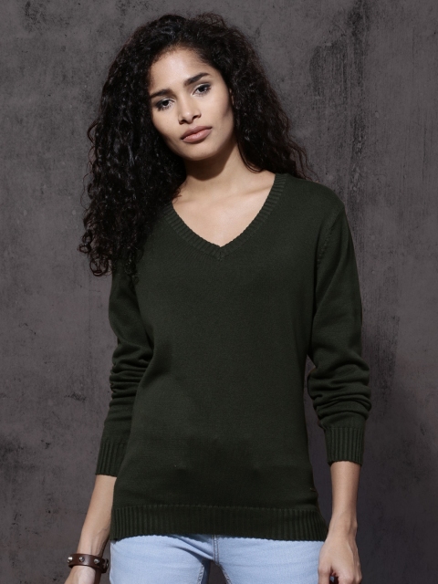 

Roadster Women Olive Green Solid Pullover