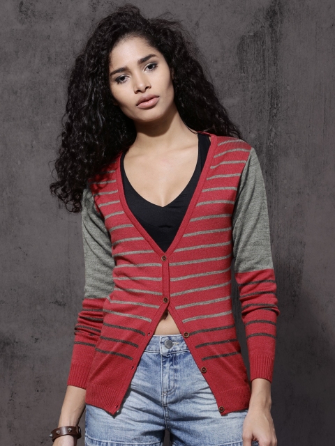 

Roadster Women Grey & Coral Striped Cardigan Sweater