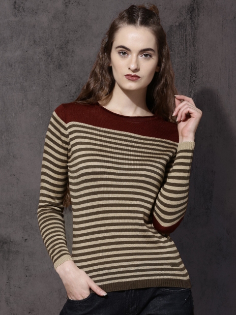 

Roadster Women Beige & Maroon Striped Pullover