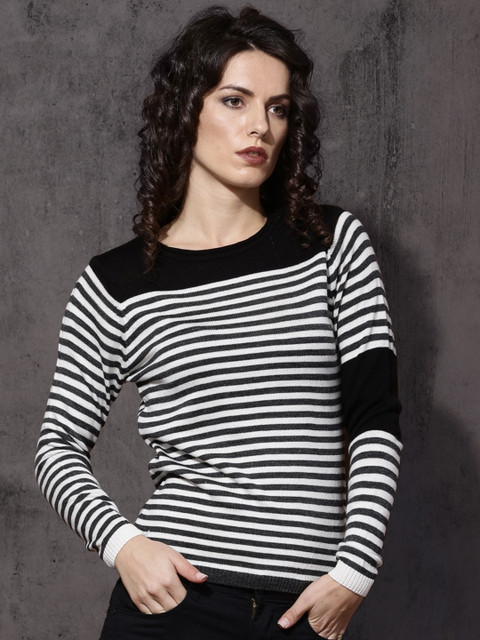 

Roadster Women White & Charcoal Grey Striped Pullover