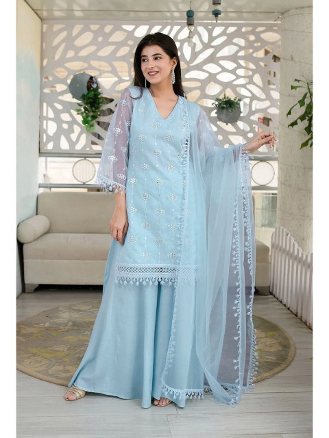 

Fashionuma Blue Embroidered Semi-Stitched Dress Material