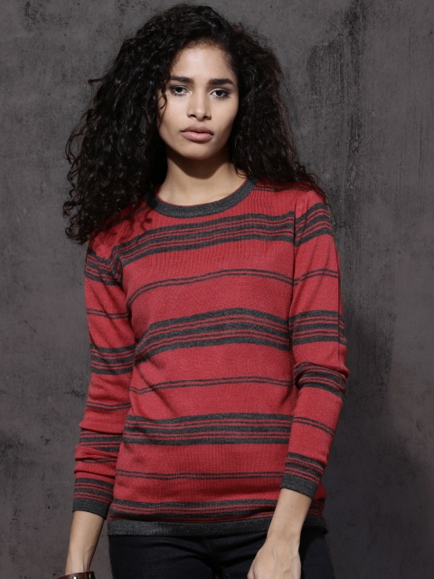 

Roadster Women Red & Grey Striped Pullover