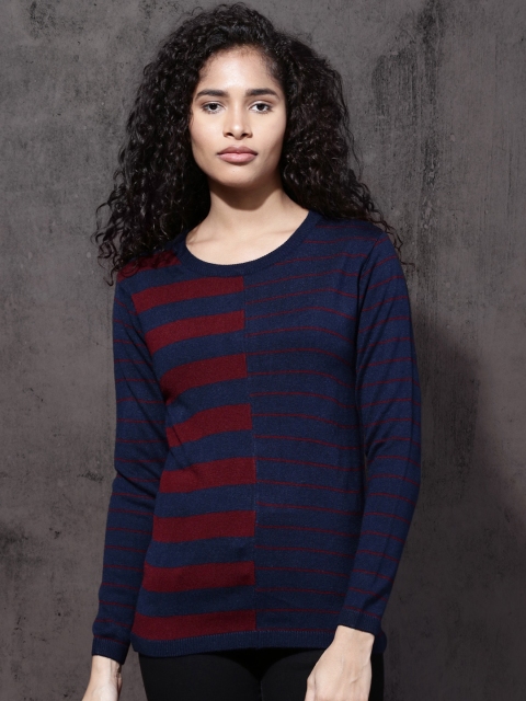 

Roadster Women Navy Blue & Maroon Striped Pullover