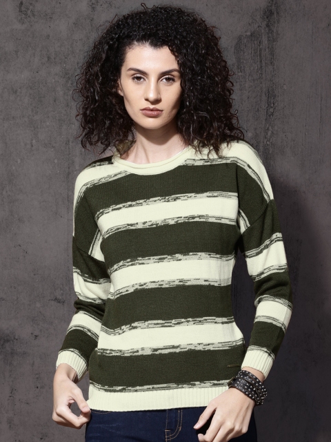 

Roadster Women White & Olive Green Striped Pullover