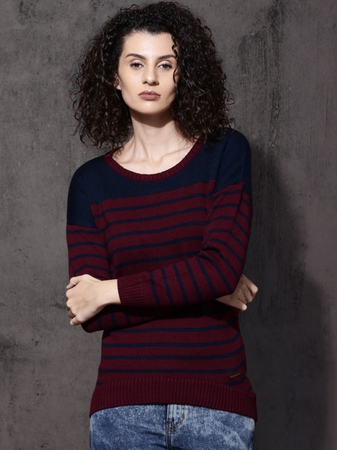 

Roadster Women Maroon & Navy Blue Striped Pullover