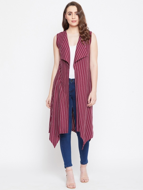 

Hypernation Women Purple & Cream-Coloured Striped Longline Shrug