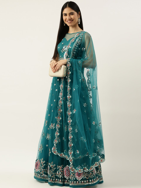 

panchhi Teal Embellished Sequinned Semi-Stitched Lehenga & Unstitched Blouse With Dupatta