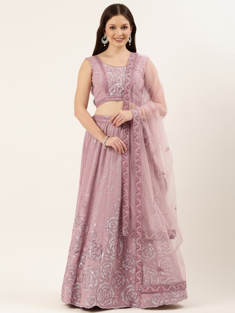 

panchhi Coral Pink Embroidered Sequinned Semi-Stitched Lehenga Set