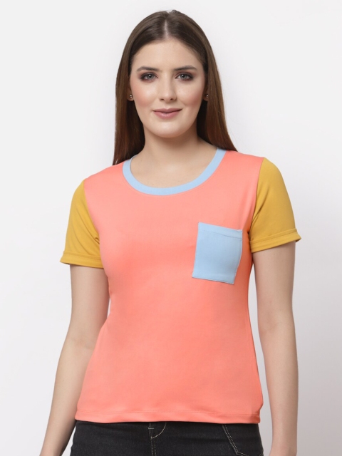 

ASEELO Women Pink & Mustard Yellow Colourblocked T-shirt