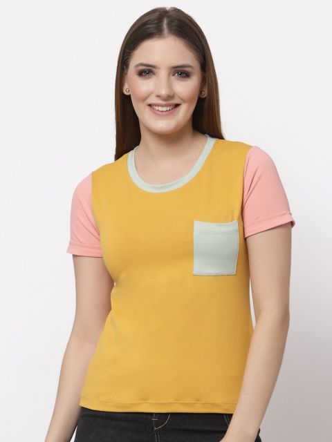 

ASEELO Women Mustard Yellow & Pink Colourblocked Top