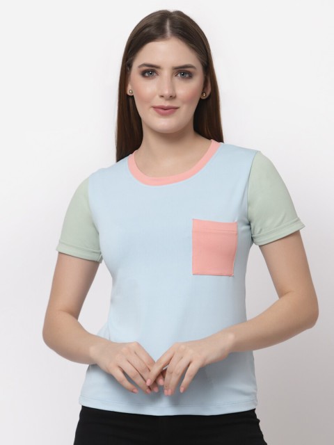 

ASEELO Blue & Pink Solid Regular Top