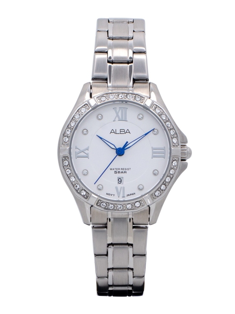 

Alba Women White Embellished Dial & Silver Toned Stainless Steel Bracelet Style Straps Analogue Watch