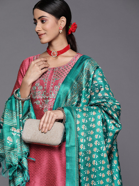 

Varanga Women Pink Ethnic Motifs Embroidered Thread Work Dupion Silk Kurta with Trousers & With Dupatta