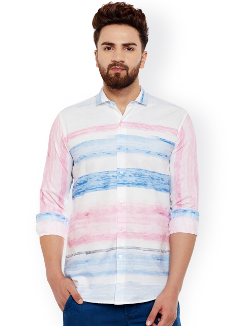 

DENNISON Men White & Blue Slim Fit Striped Casual Shirt